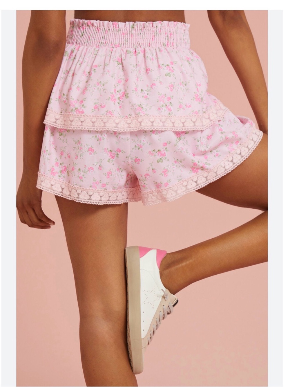 Altar'd State Pink Floral Ruffle Skort Small Lace Trim Smocked Waist Cottagecore